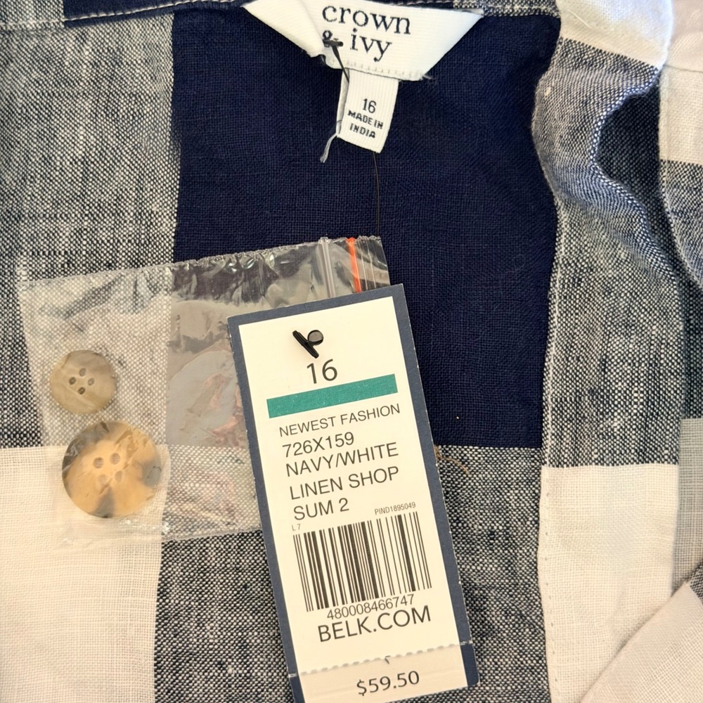 NWT Crown & Ivy Navy White Linen Gingham Halter Peplum Top Size 16 - Picture 5 of 9